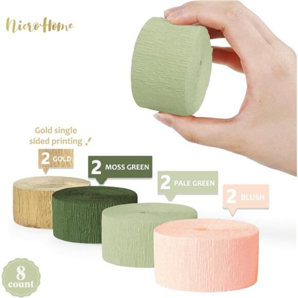 Moss Sage Green Pink Crepe Paper Streamers 8 Rolls Wedding Baby Shower Party - Picture 4 of 7